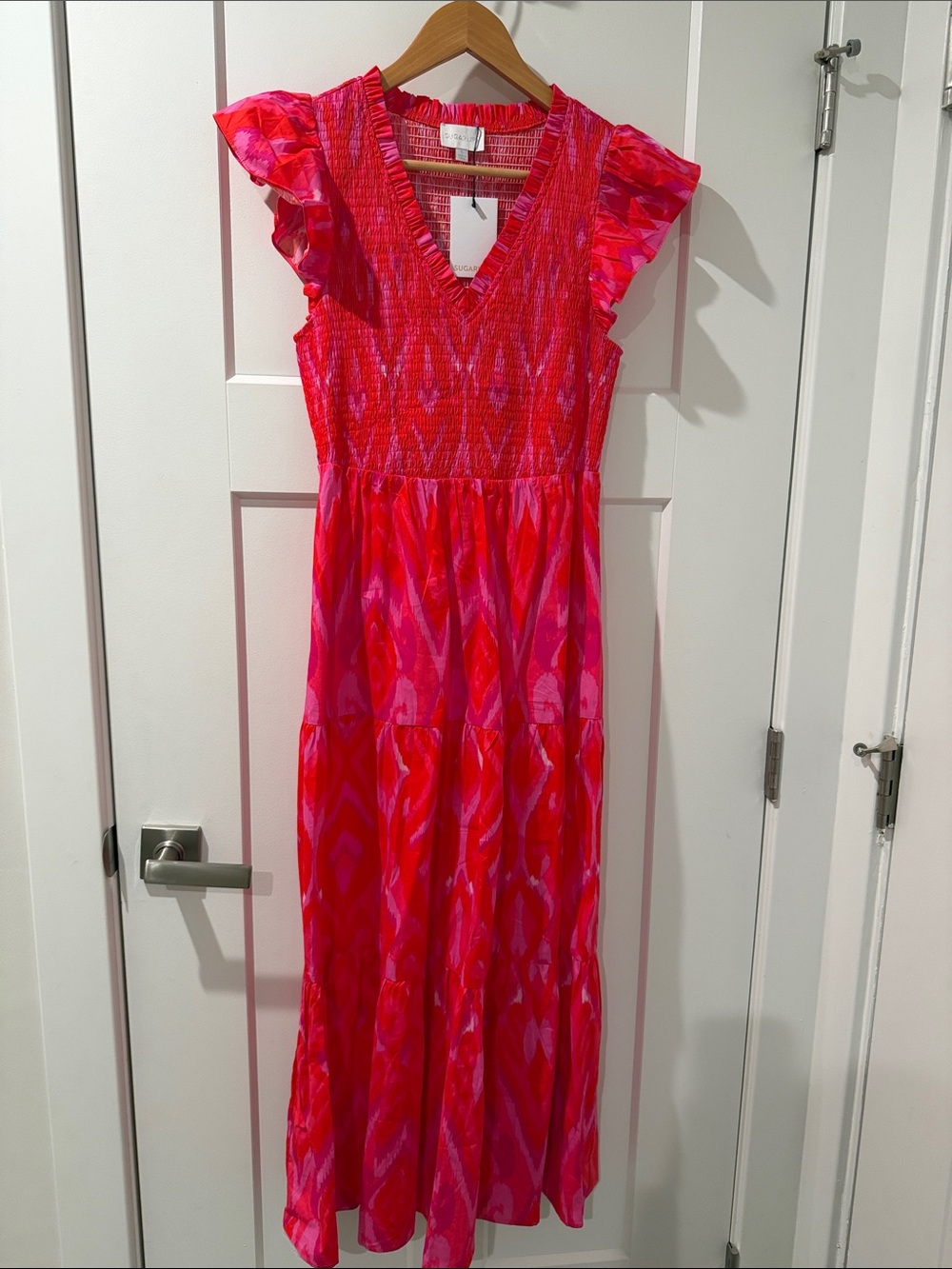 Sugarlips Pink and Red Smocked V-Neck Maxi Dress With Pockets